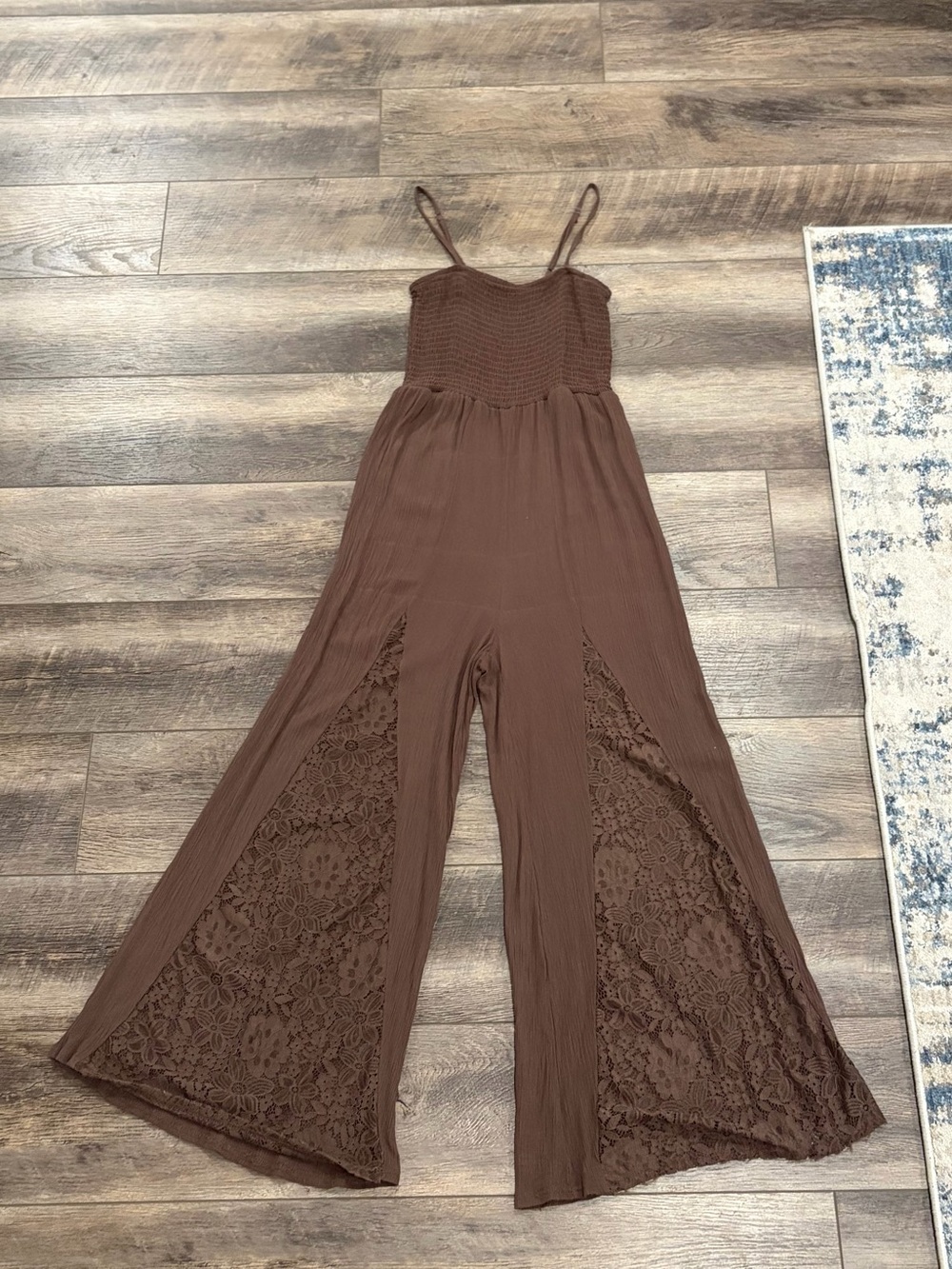 Brown Lace-Panel Wide-Leg Jumpsuit with Smocked Bodice